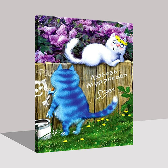Blue And White Cat With Purple Flowers Background - DIY Painting by Numbers Kit