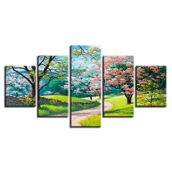 Green Trees Flowers Grass Spring Scenery Canvas Wall Art