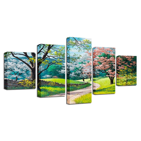 Green Trees Flowers Grass Spring Scenery Canvas Wall Art