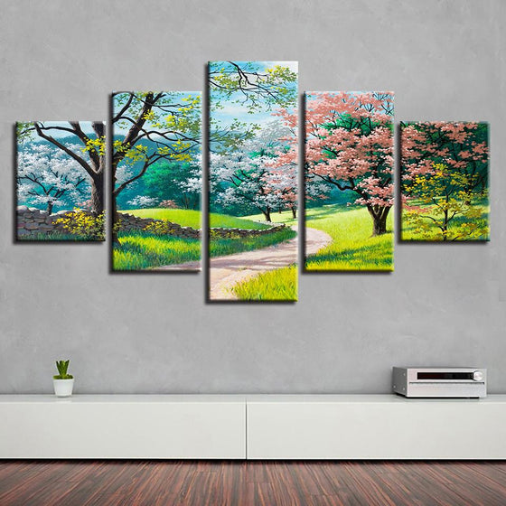 Green Trees Flowers Grass Spring Scenery Canvas Wall Art