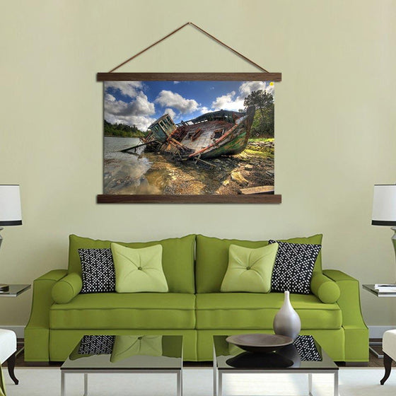 Wrecked Wooden Boat - Canvas Scroll Wall Art