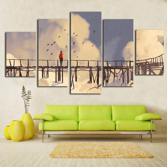 Clouds Birds Wooden Bridge Canvas Wall Art