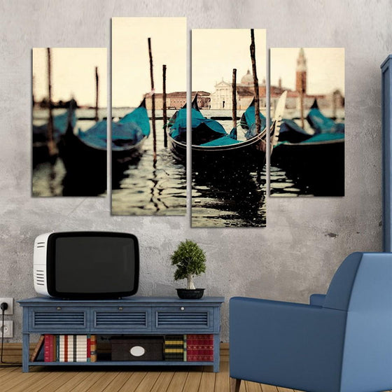 Blue Covered Canoes Canvas Wall Art