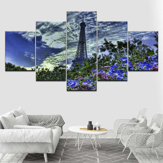 Paris Eiffel Tower Flowers Around It Clouds Canvas Wall Art