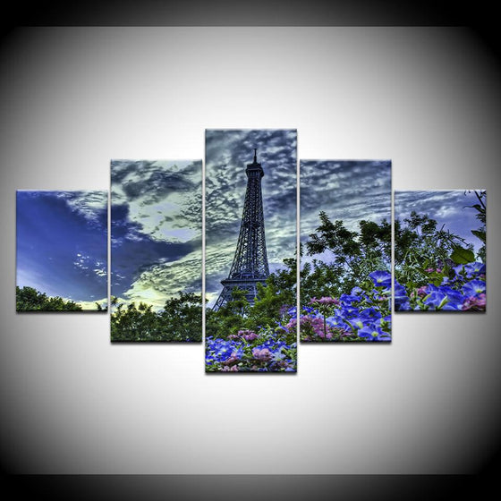 Paris Eiffel Tower Flowers Around It Clouds Canvas Wall Art