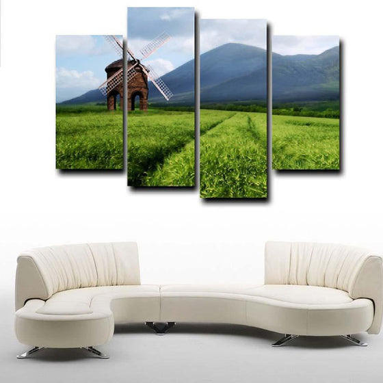 Windmill in a Rice Field Canvas Wall Art