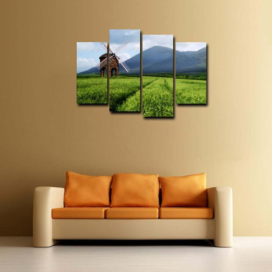 Windmill in a Rice Field Canvas Wall Art