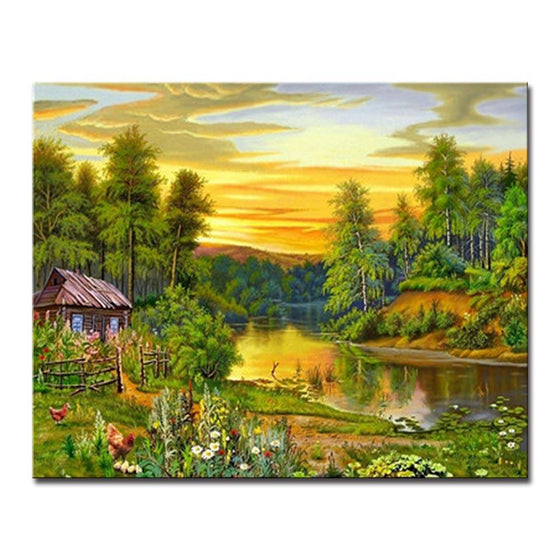 Forest And Lake Small Wooden House - DIY Painting by Numbers Kit