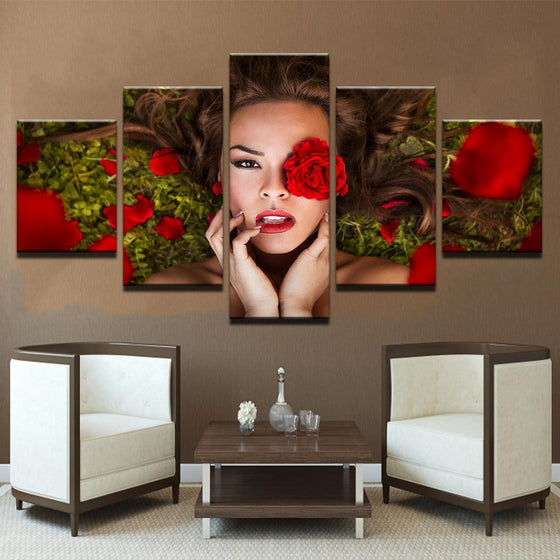 Beautiful Amazing Woman With Red Roses Flowers Canvas Wall Art