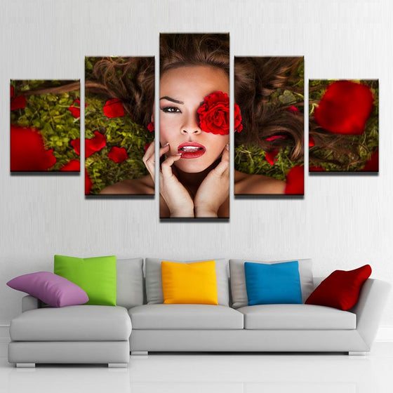 Beautiful Amazing Woman With Red Roses Flowers Canvas Wall Art
