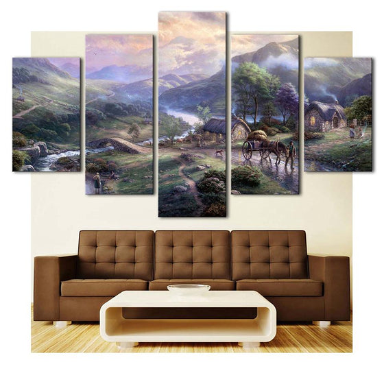 Rural Area Simple Houses Mountain View Canvas Wall Art