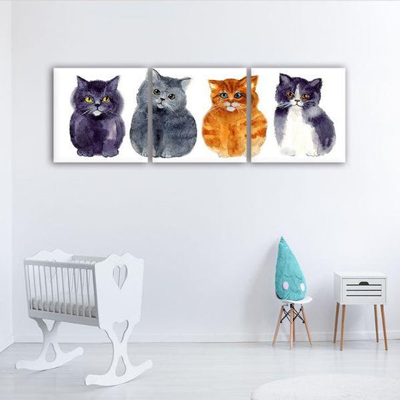 Funny Cats 3 Panels Canvas Wall Art Nursery