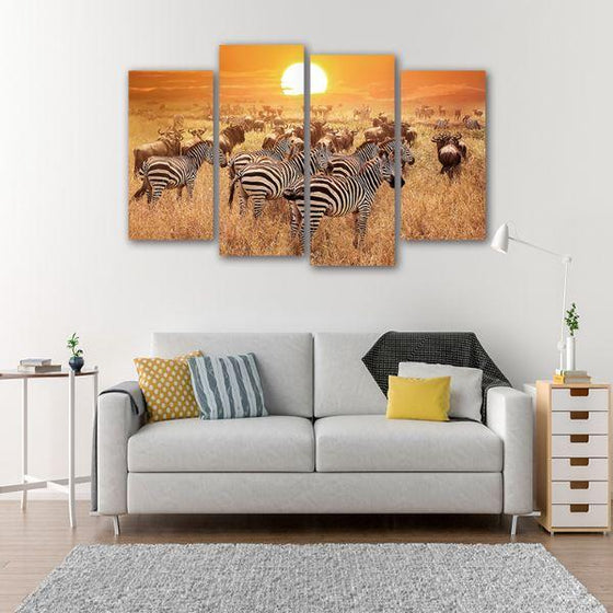 African Zebras 4 Panels Canvas Wall Art Living Room