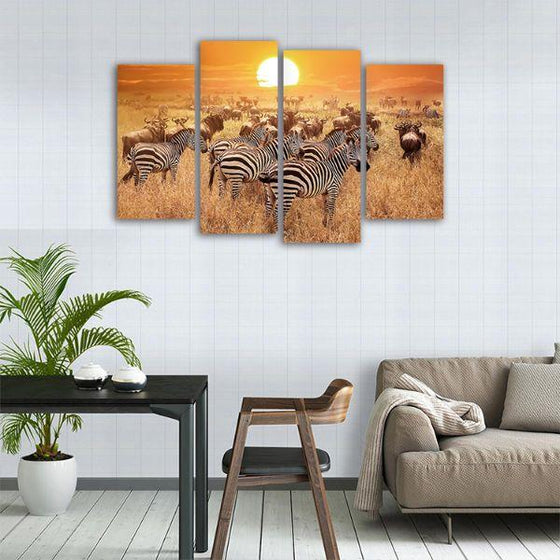African Zebras 4 Panels Canvas Wall Art Dining Room