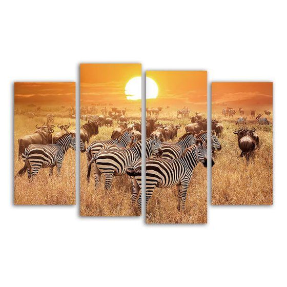 African Zebras 4 Panels Canvas Wall Art