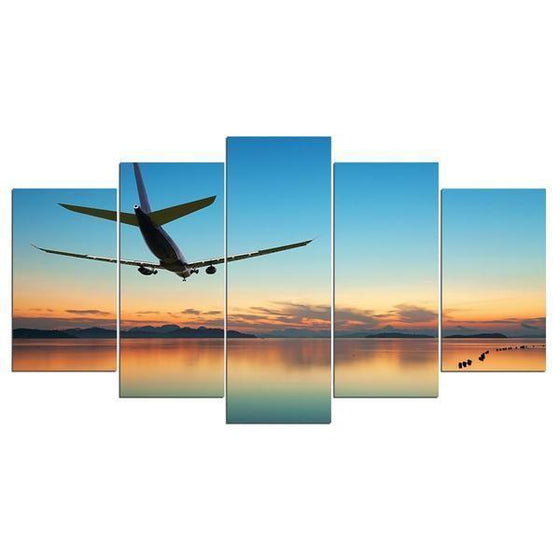 Airplane Landing Sunset Canvas Wall Art