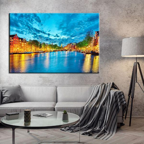 Amstel River At Night Canvas Wall Art Living Room