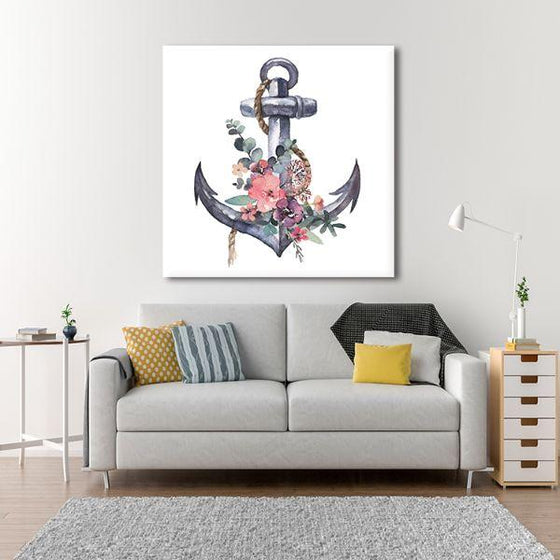 Anchor With Vibrant Flowers Canvas Wall Art Decor