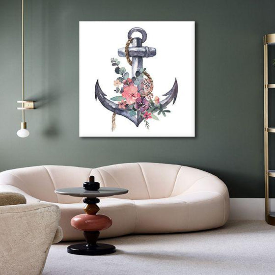 Anchor With Vibrant Flowers Canvas Wall Art Living Room
