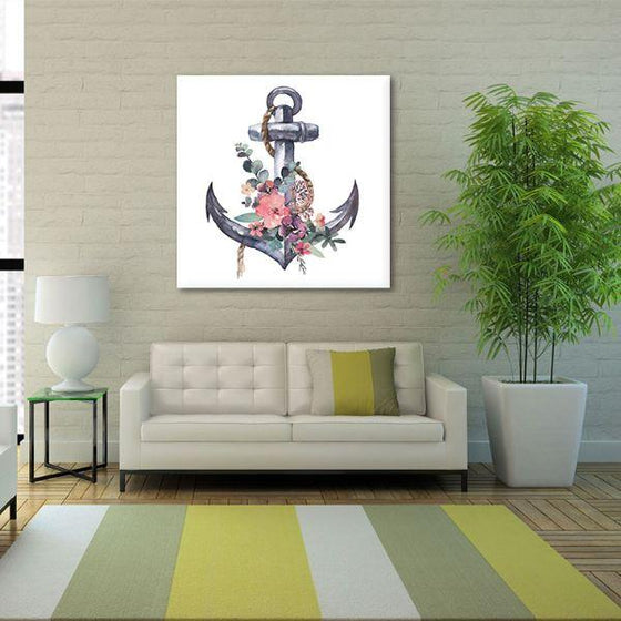 Anchor With Vibrant Flowers Canvas Wall Art Print