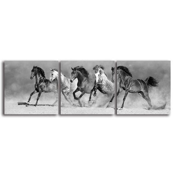 B&W Running Horses Canvas Wall Art