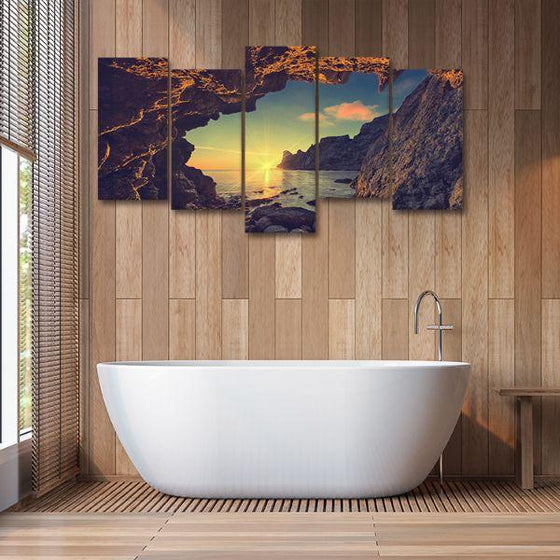 Beach Side Cave & Sunset 5-Panel Canvas Wall Art Bathroom