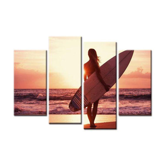 Beach Surfer Behind Sunset Canvas Wall Art