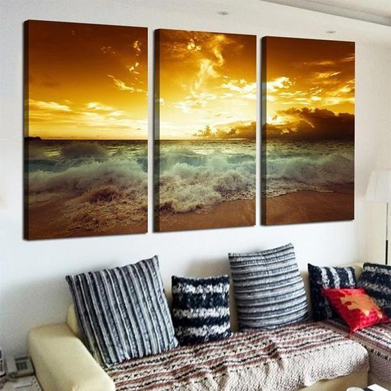 Beach Waves With Sunset Canvas Wall Art Print