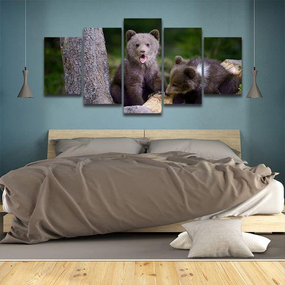 Bear Cubs In The Forest 5 Panels Canvas Wall Art Bedroom