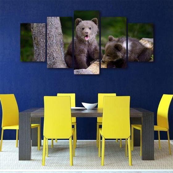 Bear Cubs In The Forest 5 Panels Canvas Wall Art Dining Room
