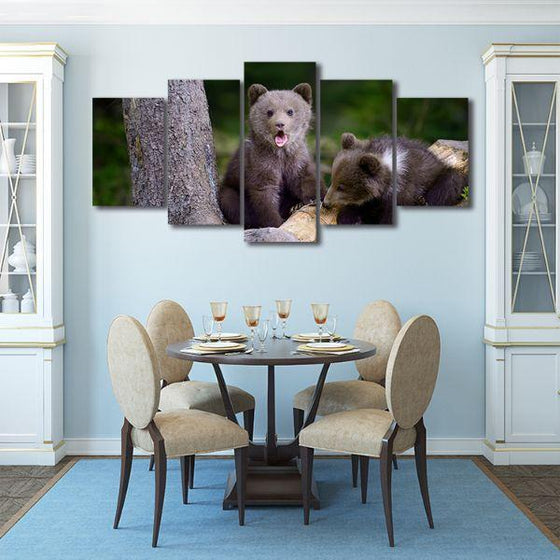 Bear Cubs In The Forest 5 Panels Canvas Wall Art Kitchen