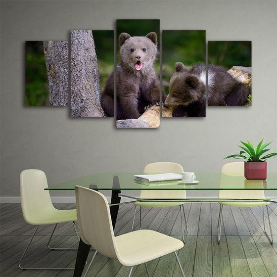 Bear Cubs In The Forest 5 Panels Canvas Wall Art Office