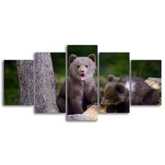Bear Cubs In The Forest 5 Panels Canvas Wall Art