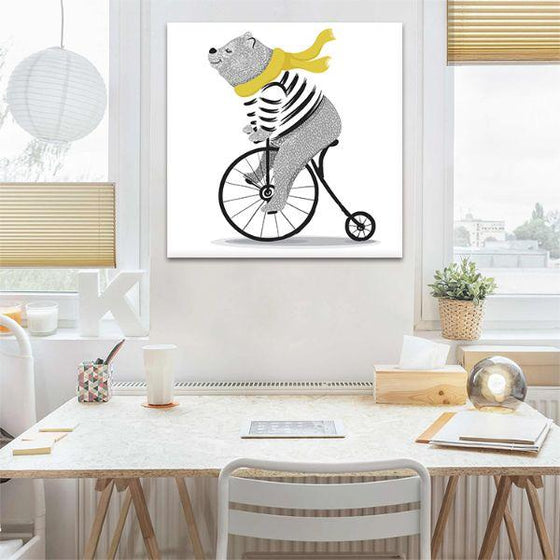 Bear On A Bicycle Canvas Wall Art Office