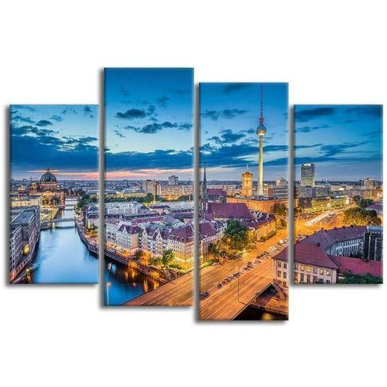 Berlin Skyline Sunset 4 Panels Canvas Wall Art