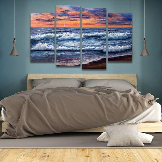 Best Sunset And Waves 4 Panels Canvas Wall Art Bedroom