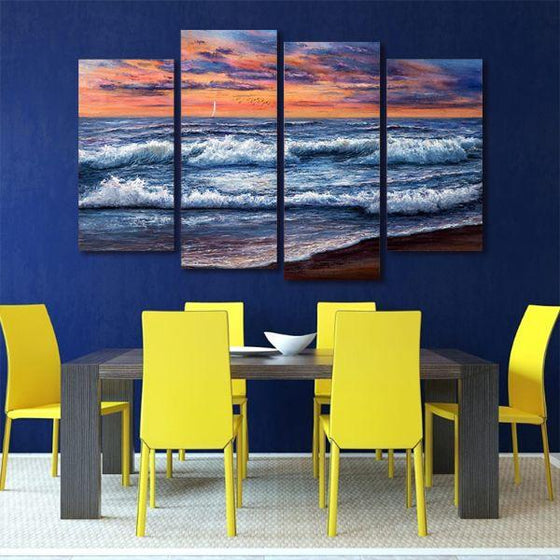 Best Sunset And Waves 4 Panels Canvas Wall Art Dining Room