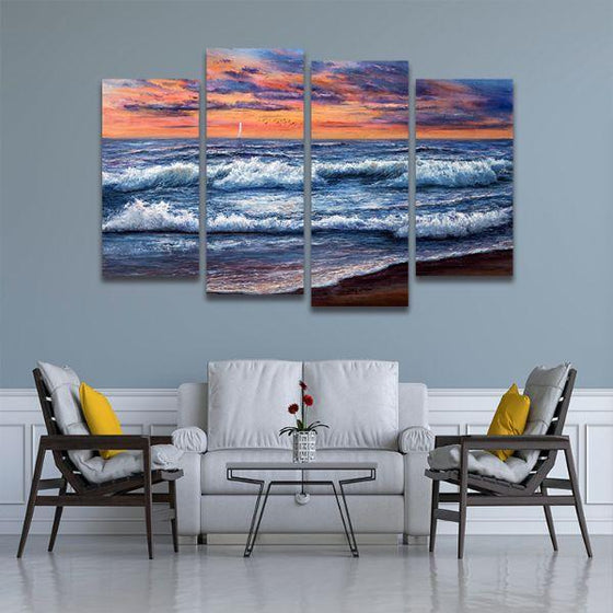 Best Sunset And Waves 4 Panels Canvas Wall Art Living Room