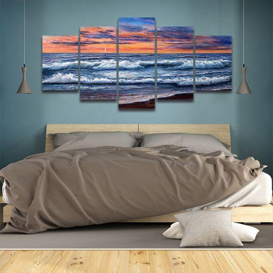 Best Sunset And Waves 5 Panels Canvas Wall Art Bedroom