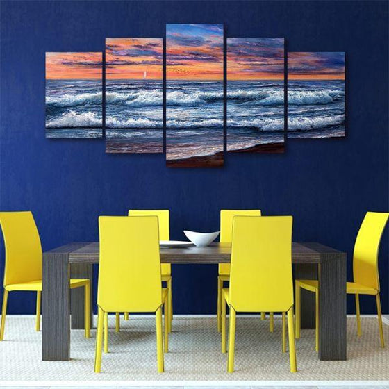 Best Sunset And Waves 5 Panels Canvas Wall Art Dining Room