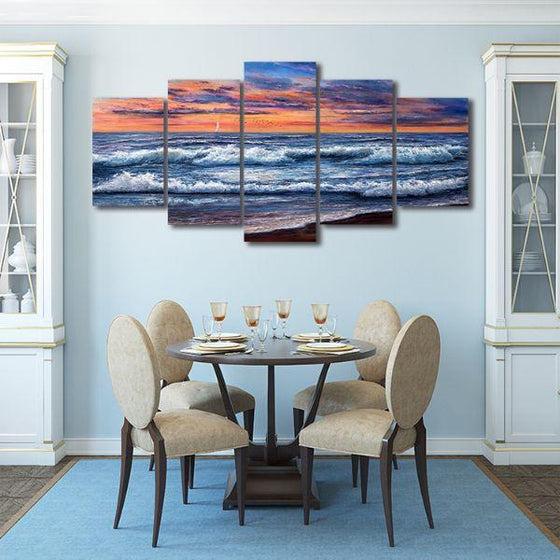 Best Sunset And Waves 5 Panels Canvas Wall Art Kitchen