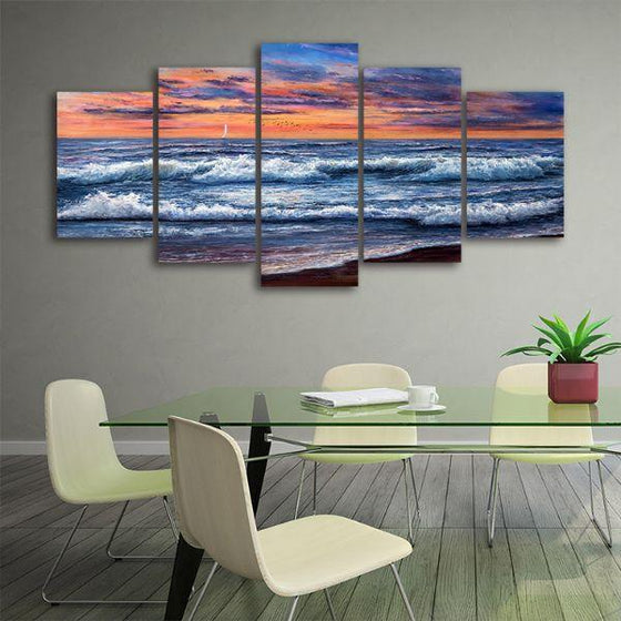 Best Sunset And Waves 5 Panels Canvas Wall Art Office