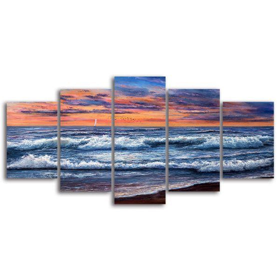 Best Sunset And Waves 5 Panels Canvas Wall Art