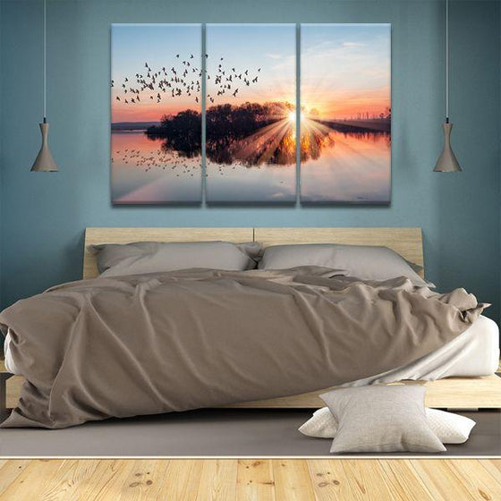 Birds Flying At Sunset 3 Panels Canvas Wall Art Bedroom