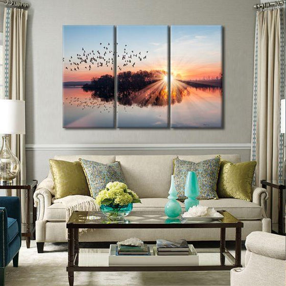 Birds Flying At Sunset 3 Panels Canvas Wall Art Living Room