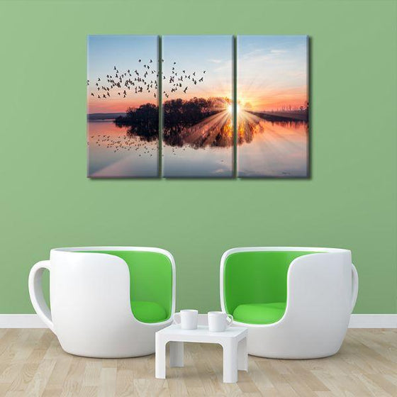 Birds Flying At Sunset 3 Panels Canvas Wall Art Set