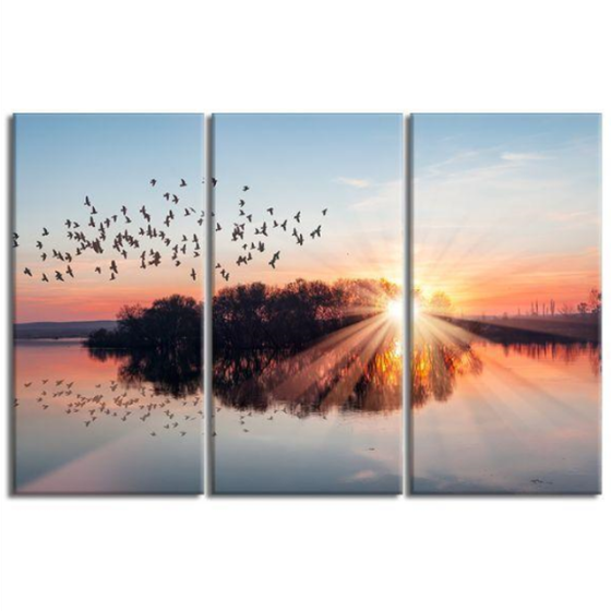 Birds Flying At Sunset 3 Panels Canvas Wall Art