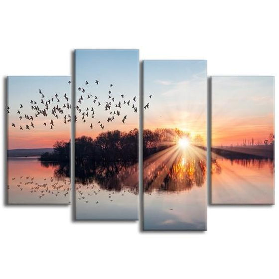 Birds Flying At Sunset 4 Panels Canvas Wall Art