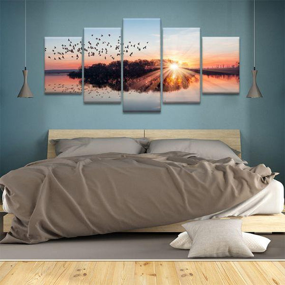 Birds Flying At Sunset 5 Panels Canvas Wall Art Bedroom