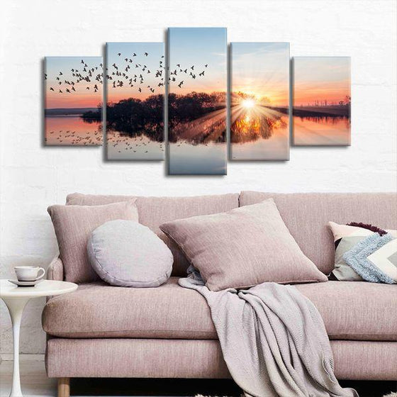 Birds Flying At Sunset 5 Panels Canvas Wall Art Living Room